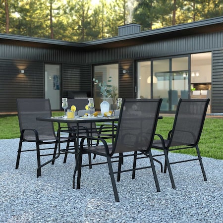 Flash Furniture 5PC Patio Set-55" Glass Table, 4 Black Chairs TLH-089REC-303CBK4-GG